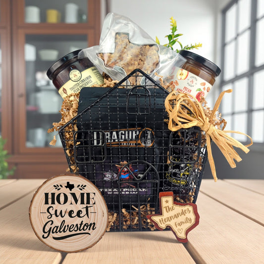 Galveston Harbor Home Basket with Texas-made treats and personalized keepsakes