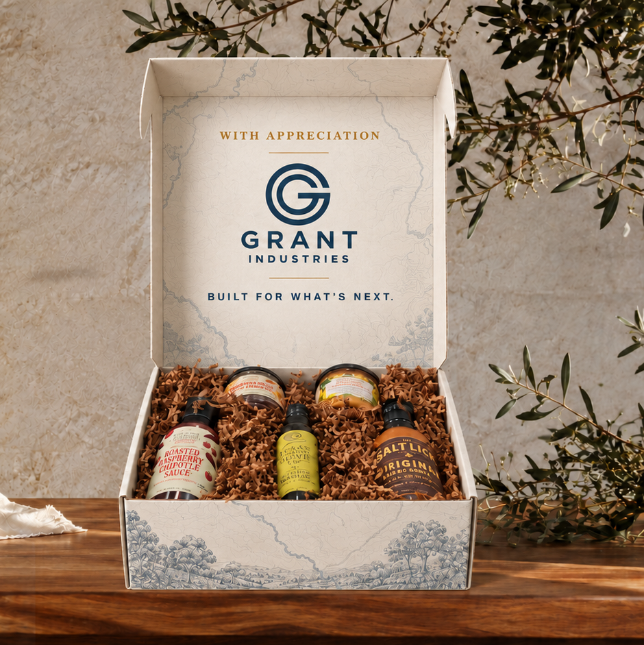 Fictional Grant Industries open corporate gift mailer with customized inner-lid branding and Texas foods