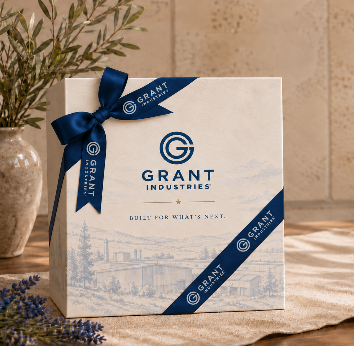 Fictional Grant Industries custom corporate gift mailer with plain navy bow loops and full logos on the ribbon tails