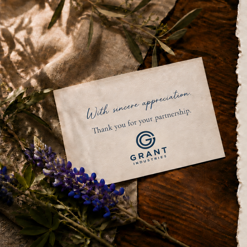 Fictional Grant Industries appreciation insert card with a navy monogram and message printed on an embossed cream card