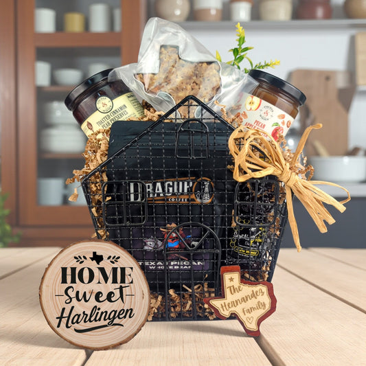 Harlingen Home Gatherings gift basket with Texas-made treats and personalized keepsakes