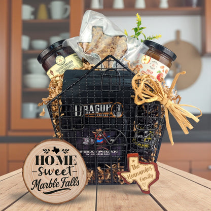 Heart of Home Marble Falls gift basket with Texas-made treats and personalized keepsakes