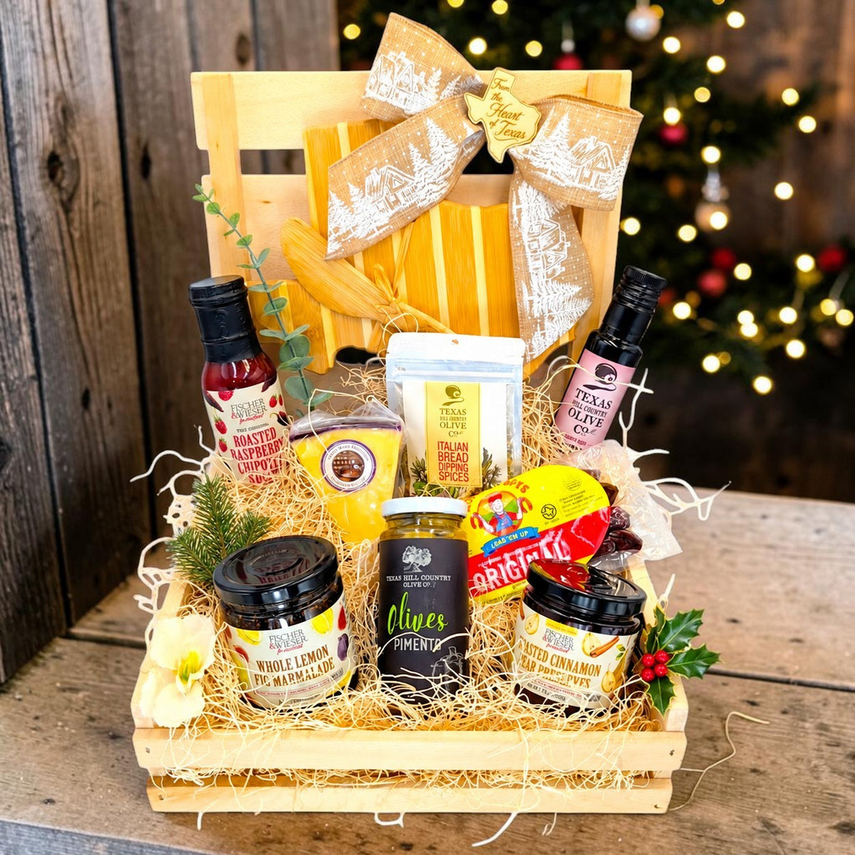 Hill Country Holiday Pantry gift crate with Texas pantry favorites and Christmas accents