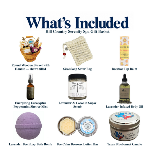 What's included in Hill Country Serenity Spa Gift Basket: the gift container and each included product, individually labeled.