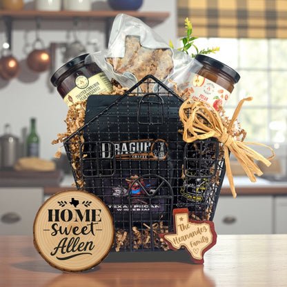 Home Sweet Texas Basket Allen with Texas-made treats and personalized keepsakes
