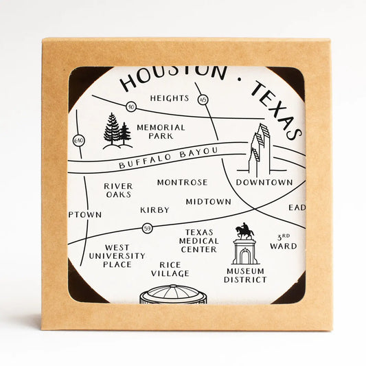 Houston Neighborhoods Map Coaster Set showing labeled Houston neighborhoods, styled as a Texas-themed home gift on the Texas Gift Baskets storefront