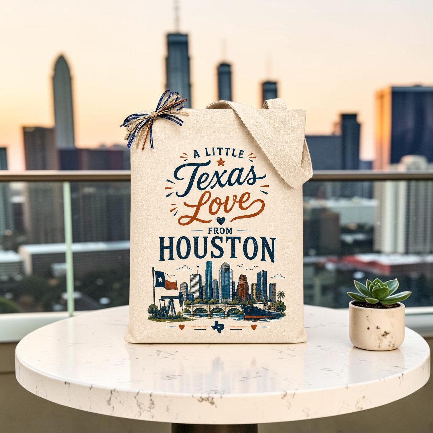 Reusable canvas tote featuring the "A Little Texas Love from Houston" design with the Houston skyline, Texas flag, oil derrick, and ship, displayed on a rooftop overlooking the city skyline.