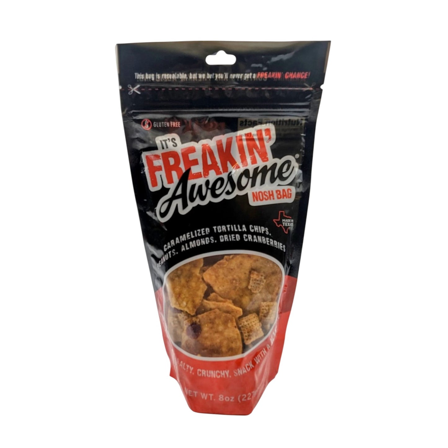 Bag of It’s Freakin’ Awesome Nosh Bag gluten-free snack mix with caramelized tortilla chips, nuts, and cranberries