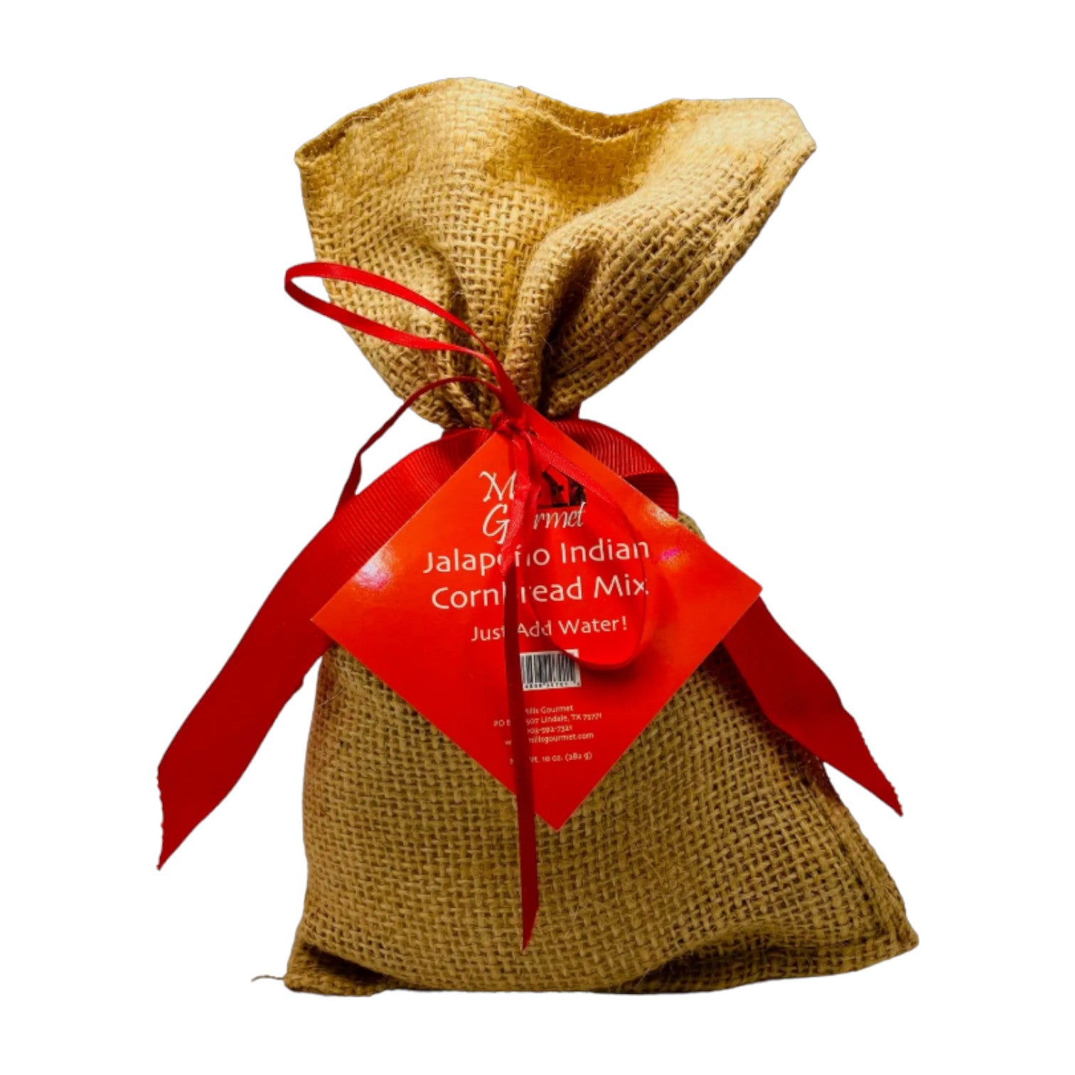Burlap gift bag of jalapeño Indian cornbread mix tied with a red ribbon