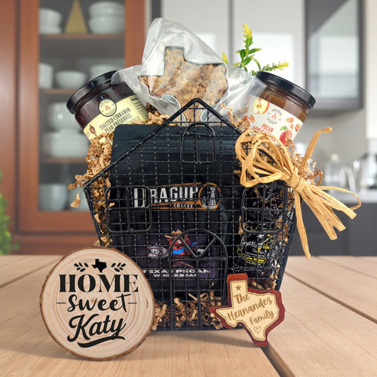 Katy Heritage Home Treasures gift basket with Texas-made treats and personalized keepsakes