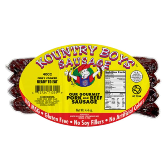 Package of Kountry Boys pork and beef sausage, fully cooked and ready to eat