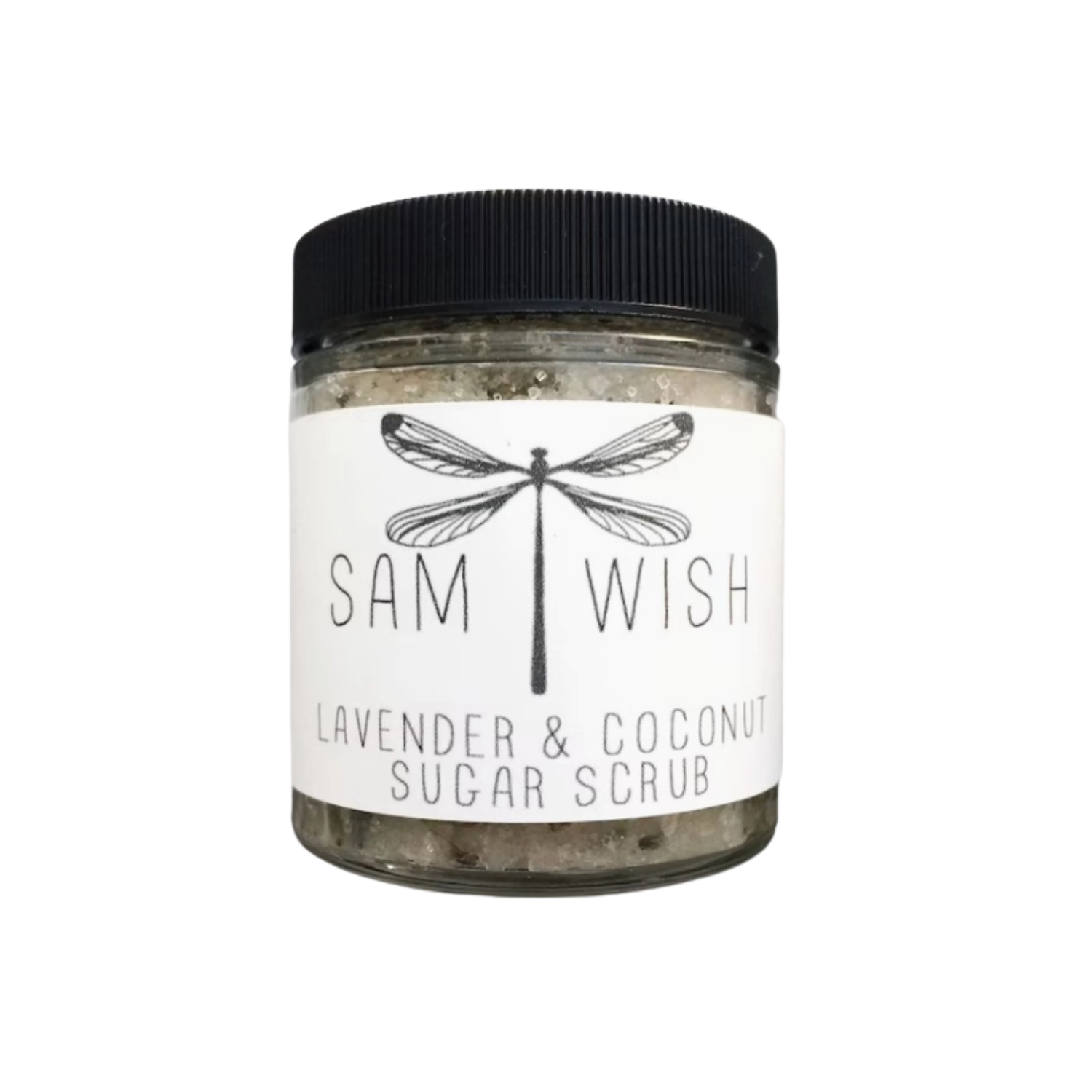 a glass container of sam wish lavender & coconut sugar scrub, available for inclusion in a Texas-themed gift basket, gift box, or gift tote