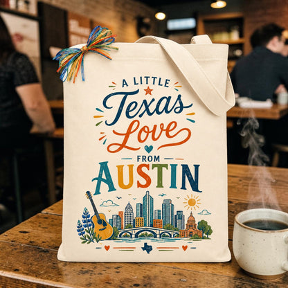 Canvas tote bag featuring the "A Little Texas Love from Austin" design with colorful Austin landmarks, guitar artwork, and skyline, displayed in a cozy coffee shop setting.