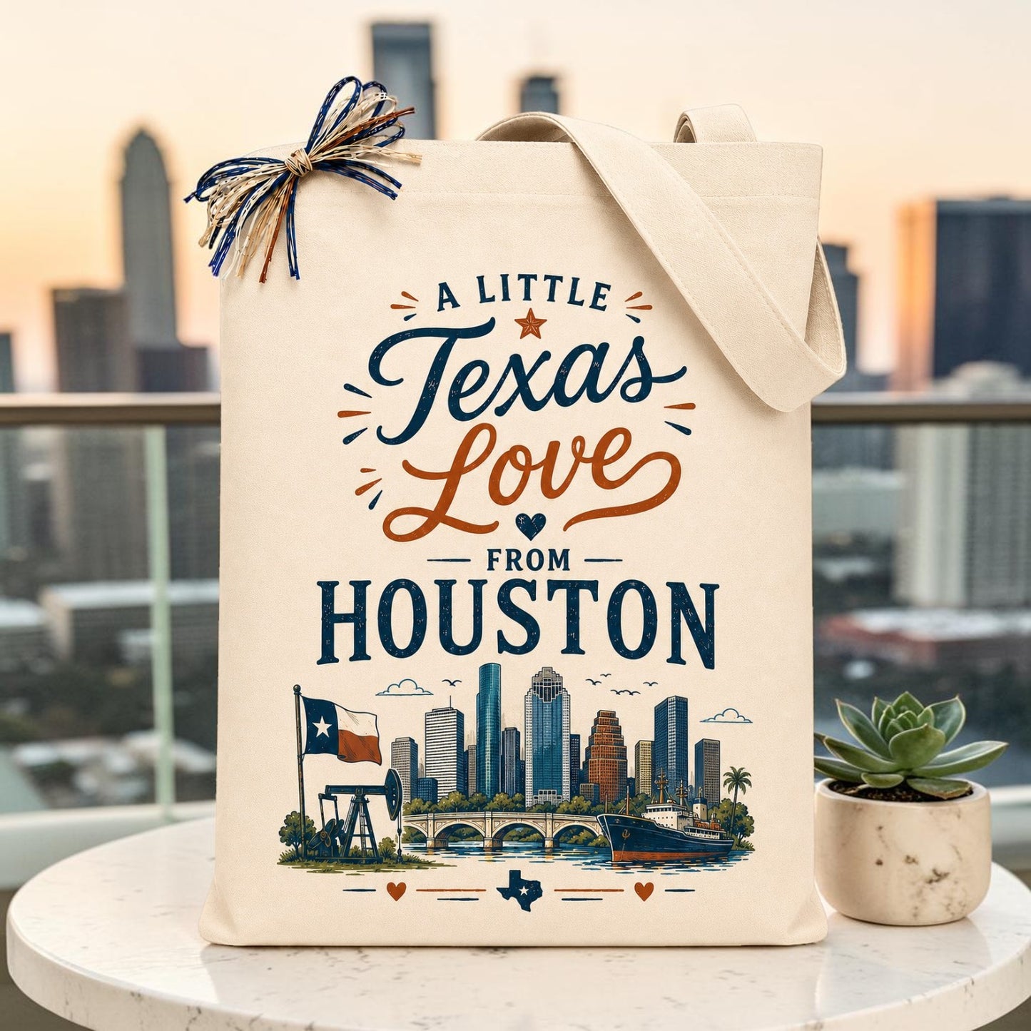 Natural canvas tote featuring the "A Little Texas Love from Houston" design with the Houston skyline, Texas flag, ship, and oil pump, displayed against a modern city skyline for Texas-themed gifts.
