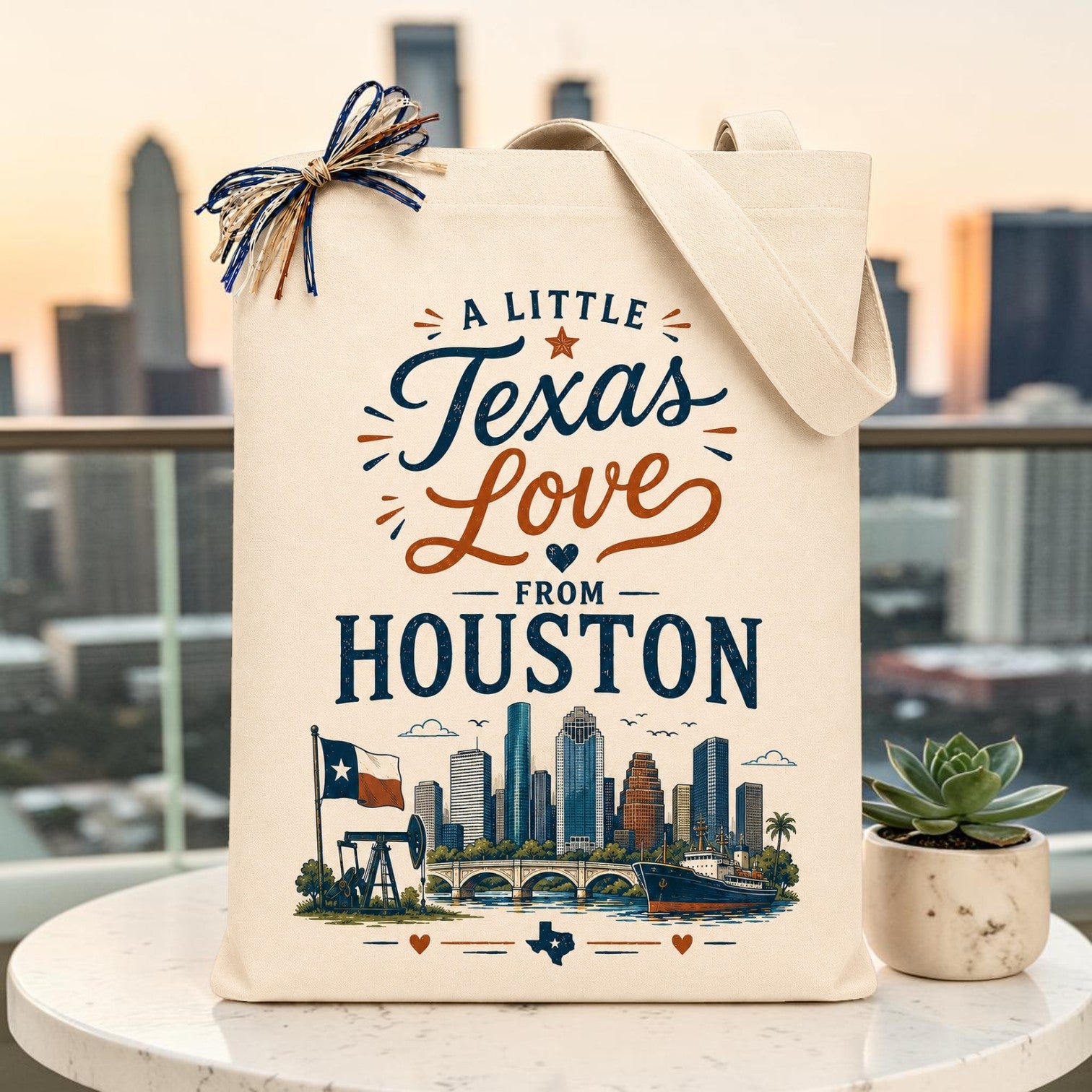 Natural canvas tote featuring the "A Little Texas Love from Houston" design with the Houston skyline, Texas flag, ship, and oil pump, displayed against a modern city skyline for Texas-themed gifts.