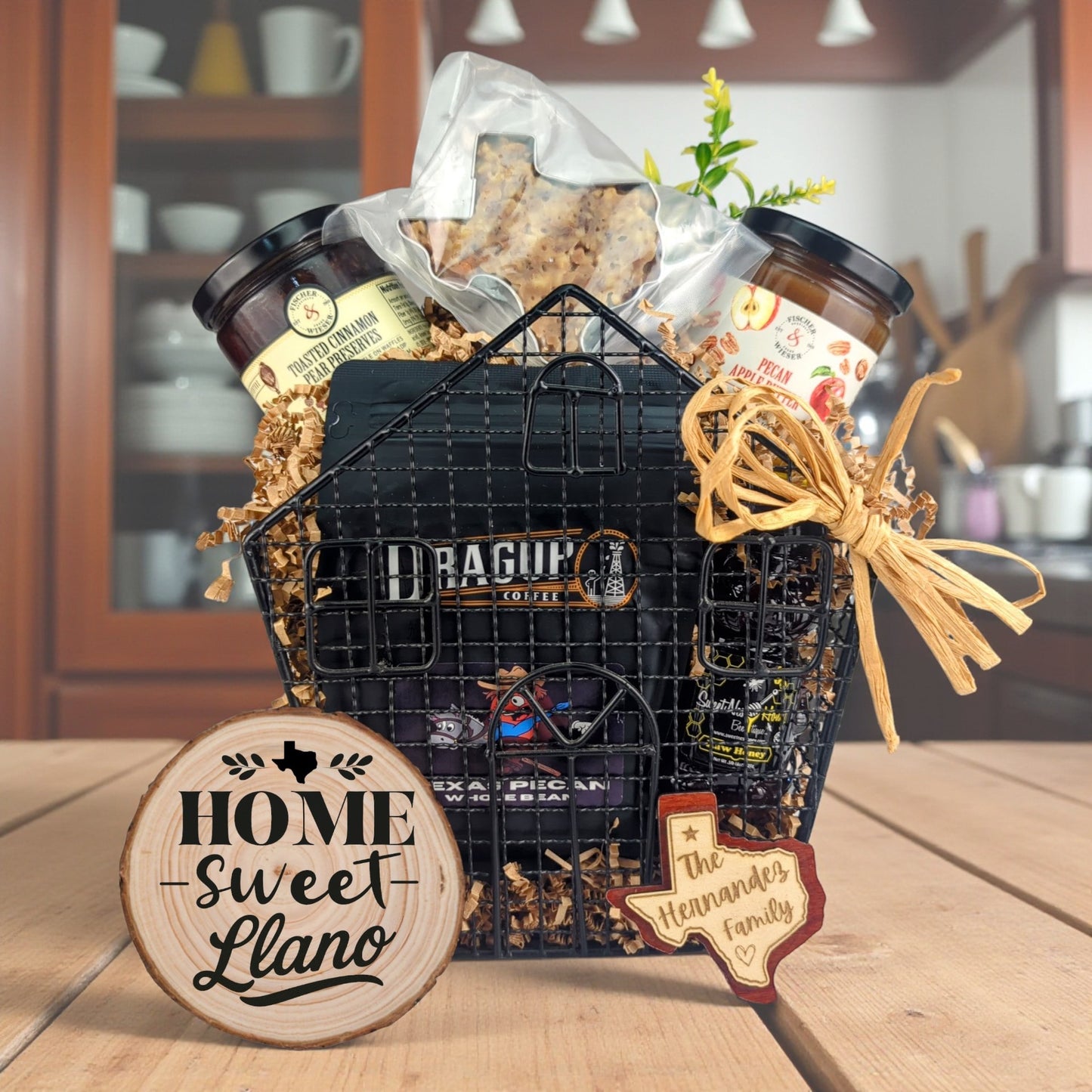Llano Homestead Comforts gift basket with Texas-made treats and personalized keepsakes