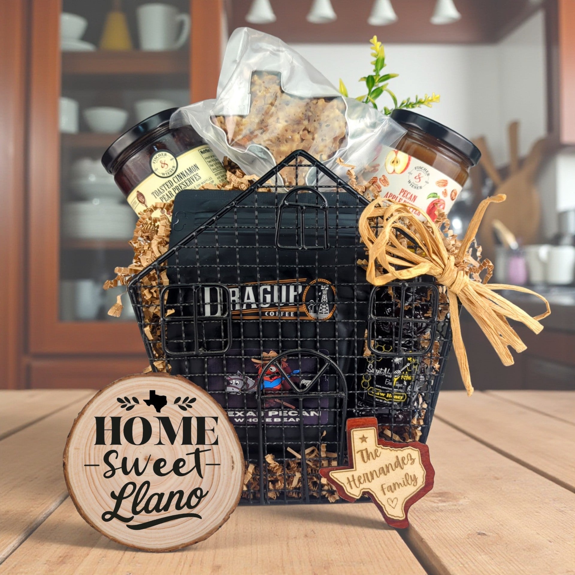 Llano Homestead Comforts gift basket with Texas-made treats and personalized keepsakes