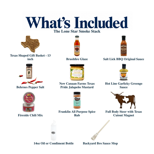 What's included in The Lone Star Smoke Stack: the gift container and each included product, individually labeled.