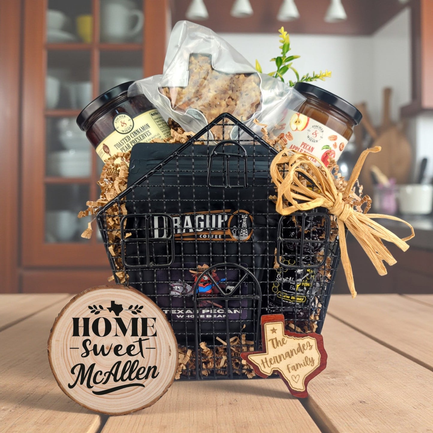McAllen Housewarming Delights gift basket with Texas-made treats and personalized keepsakes