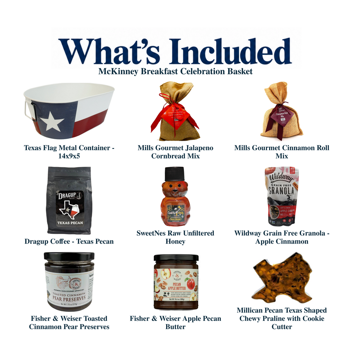 What's included in McKinney Breakfast Celebration Basket: each included item individually labeled.