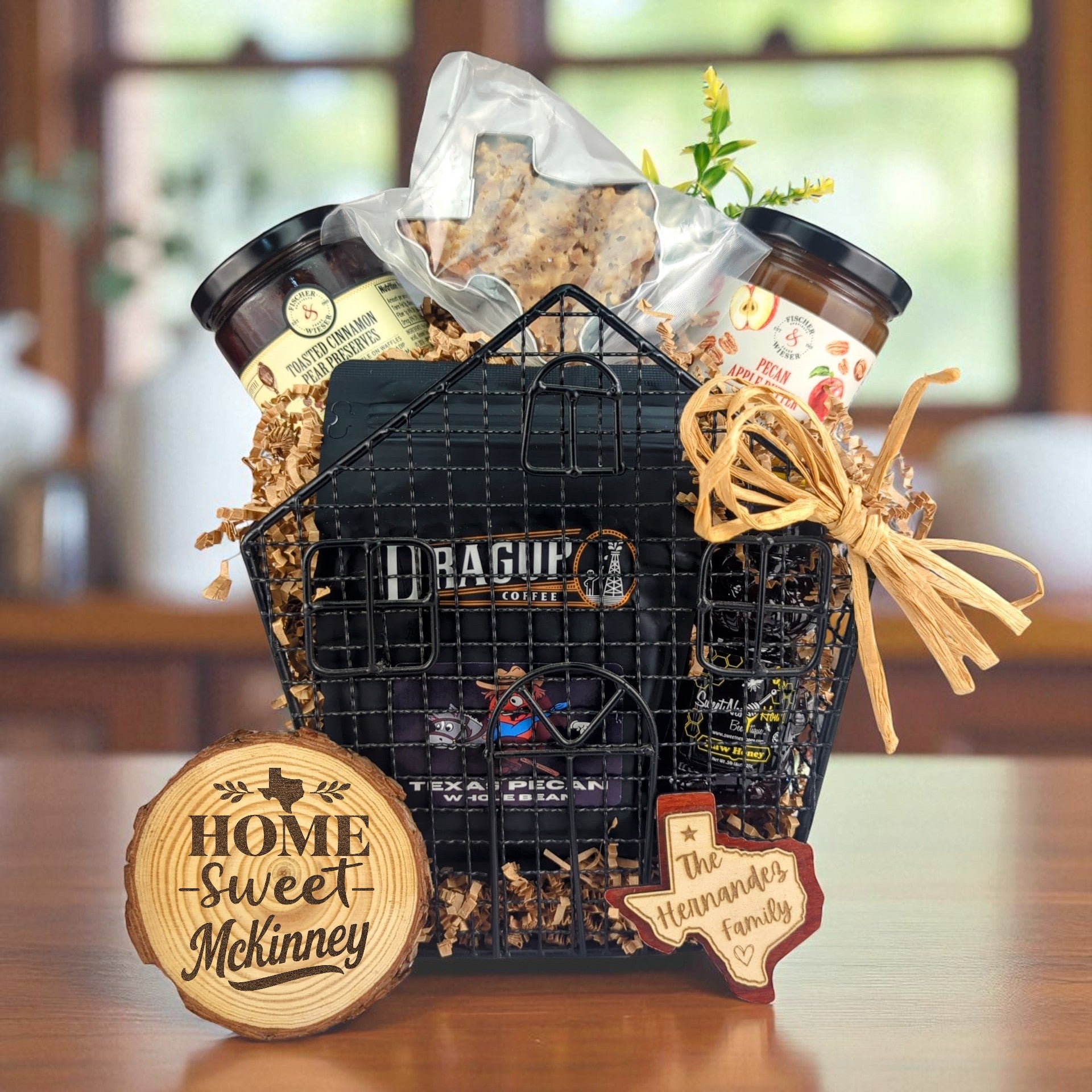 McKinney Home Haven gift basket with Texas-made treats and personalized keepsakes