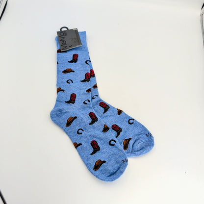 Blue men’s crew socks made from bamboo rayon, featuring an all-over pattern of cowboy boots, horseshoes, and hats, packaged with a gray “Men Socks” label and displayed on a clean white background.