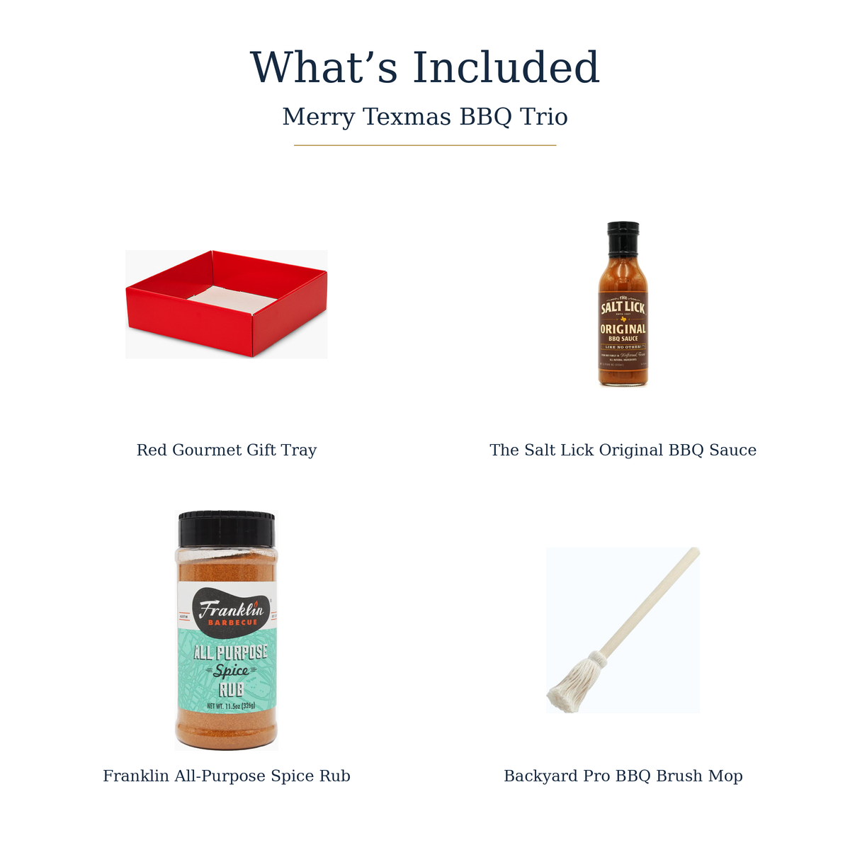 Merry Texmas BBQ Trio contents: red gift tray, Salt Lick sauce, Franklin rub and Backyard Pro BBQ mop