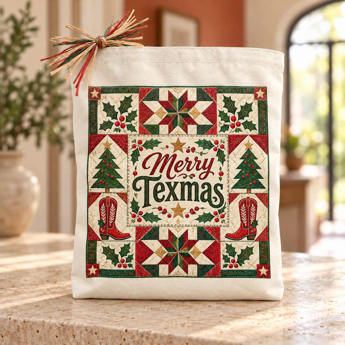 Merry Texmas Christmas Quilt printed canvas Christmas gift tote