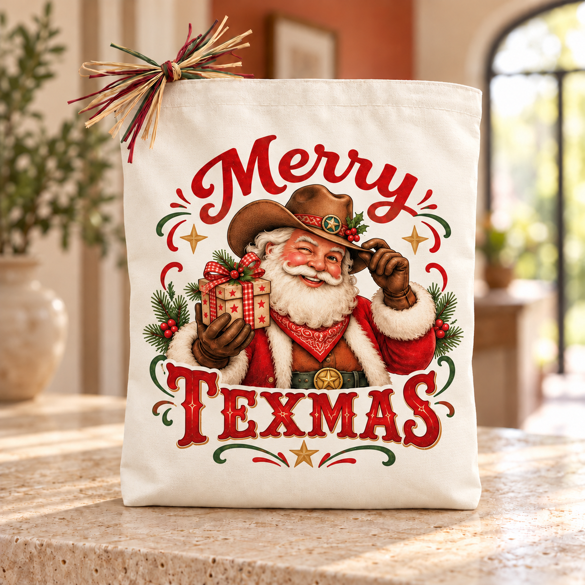 Merry Texmas Cowboy Santa canvas gift tote with centered print and matching square collection framing