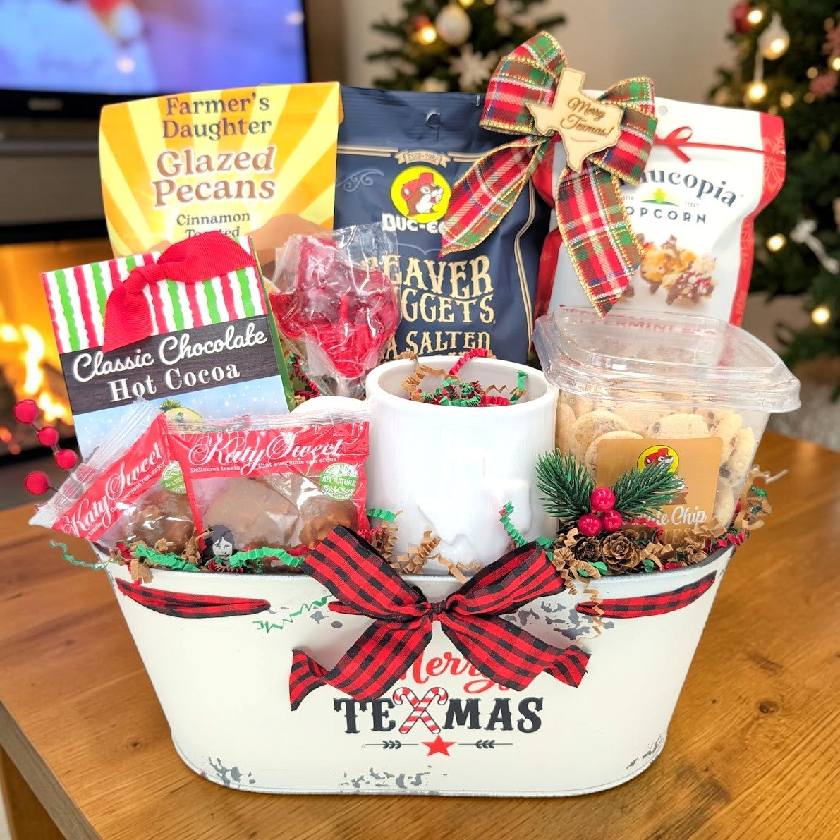 Merry Texmas Movie Night gift with an embossed Texas mug and holiday snacks