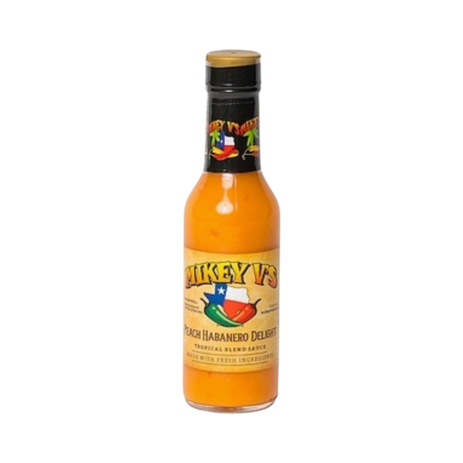Bottle of Mikey V’s Golden Habanero Delight tropical blend hot sauce with bright orange sauce visible through glass