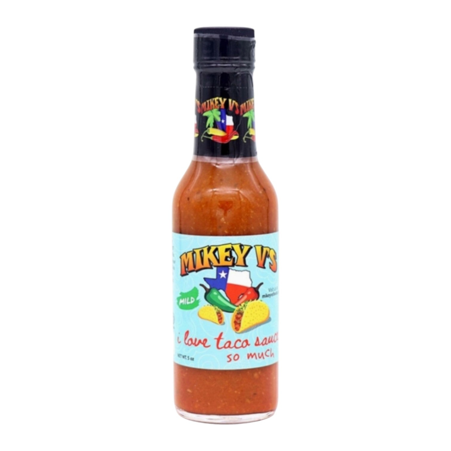 Bottle of Mikey V’s mild taco sauce with illustrated taco and pepper label
