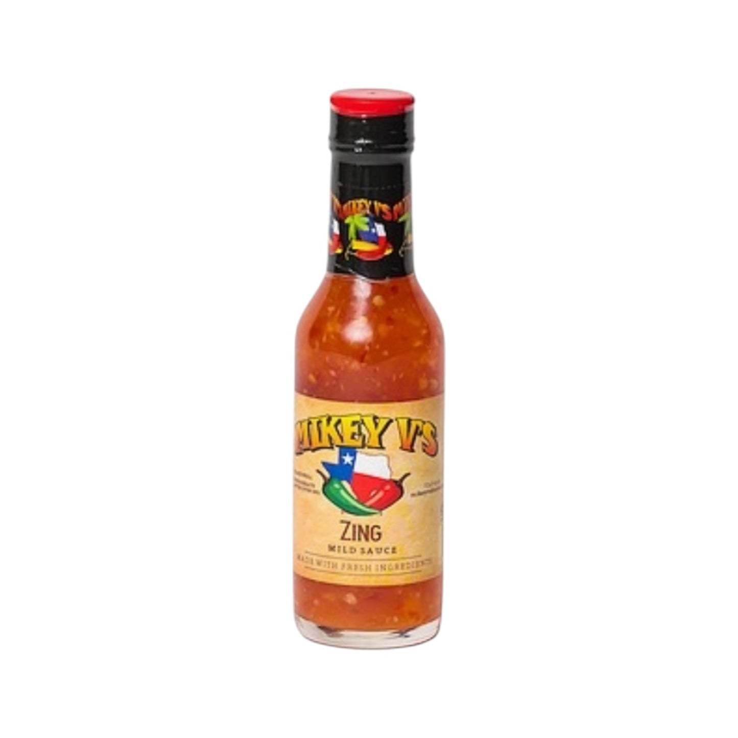 Bottle of Mikey V’s Zing mild sauce with an orange-red sauce visible through the glass and a label featuring chili peppers and the Texas flag, photographed on a white background