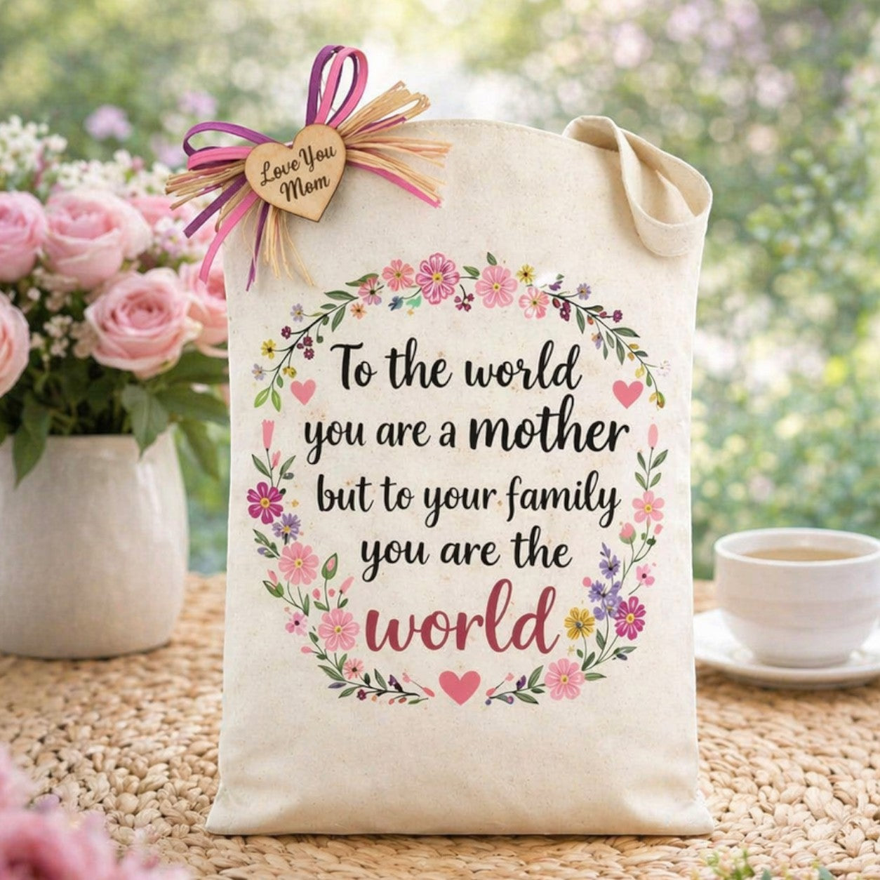 Natural cotton tote bag featuring a colorful floral circle design with a loving mother quote, accented by a “Love You Mom” heart tag, placed on a rustic table with flowers and a tea cup