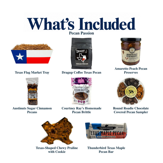 What's included in Pecan Passion: the gift container and each included product, individually labeled.