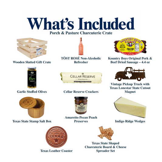 What's included in Porch & Pasture Charcuterie Crate: each included item individually labeled.