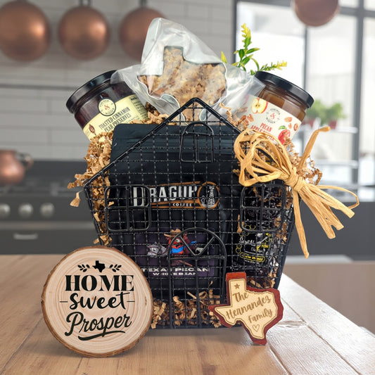 Prosper Heritage Home Treasures gift basket with Texas-made treats and personalized keepsakes