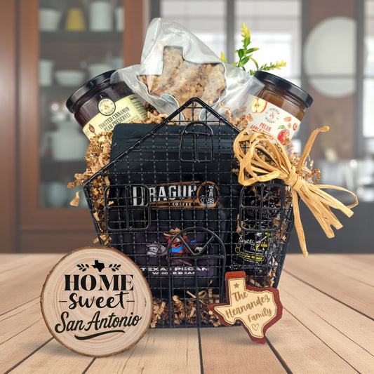 San Antonio Mission Home Basket with Texas-made treats and personalized keepsakes