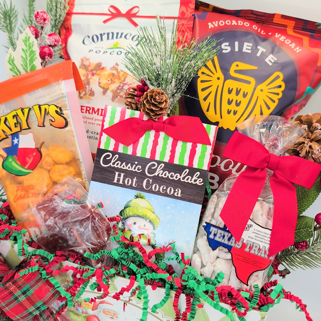 Close-up of Santa’s Texas Snack Box snacks and Christmas presentation