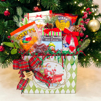 Santa’s Texas Snack Box in a Jolly Santa basket box with plaid Christmas bow