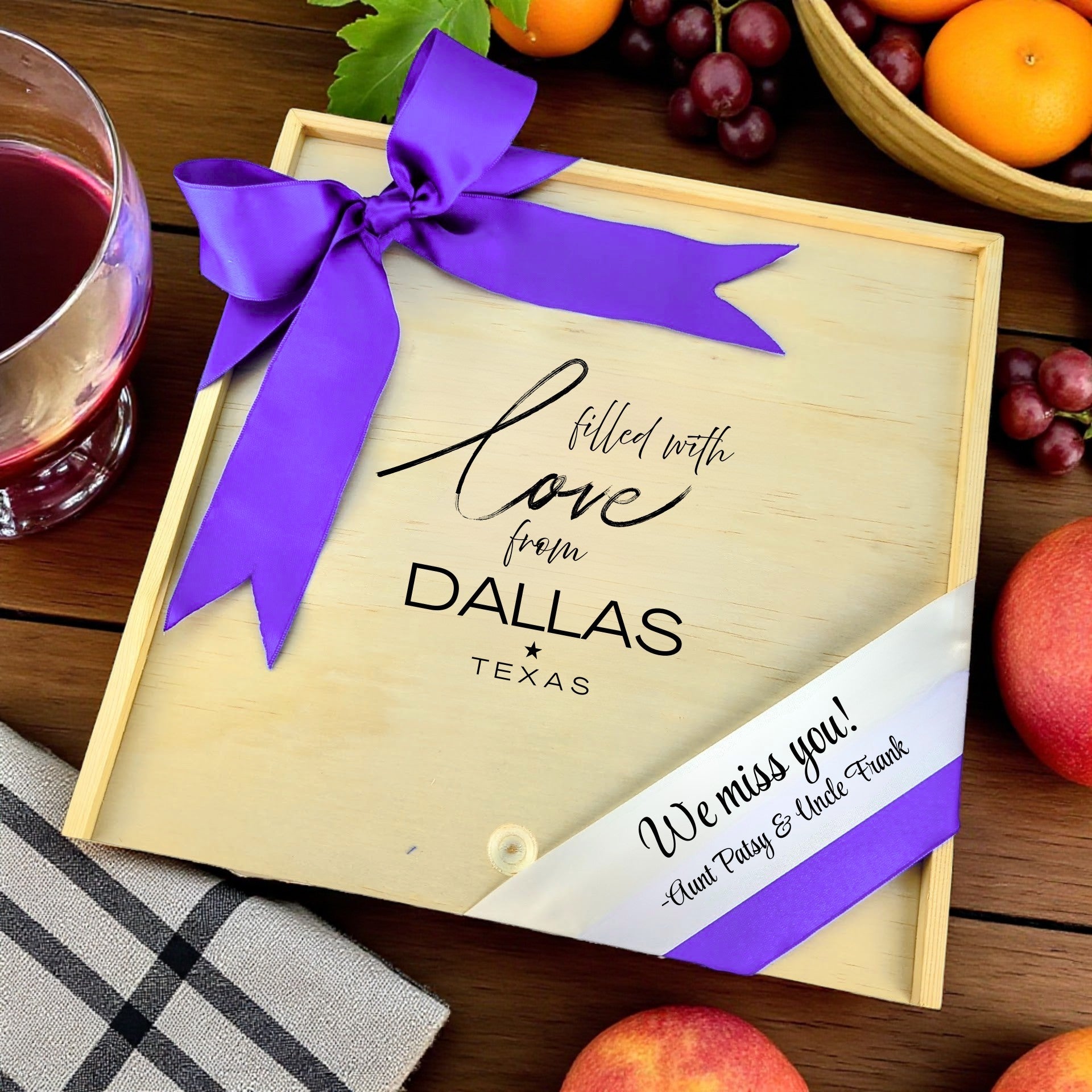 Wooden gift box with the phrase “Sent With Love from Dallas,” designed for filling with customizable Texas snacks, artisan treats, and thoughtful extras.