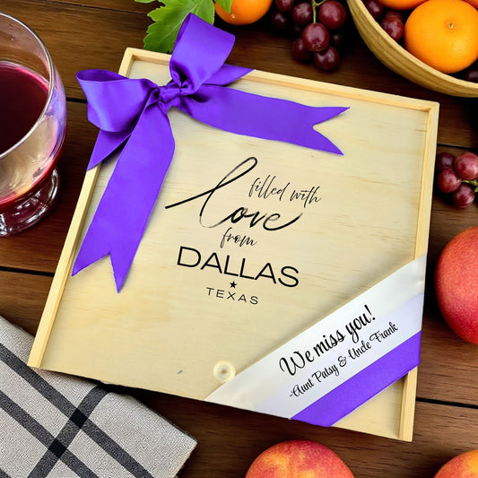 Wooden gift box with the phrase “Sent With Love from Dallas,” designed for filling with customizable Texas snacks, artisan treats, and thoughtful extras.