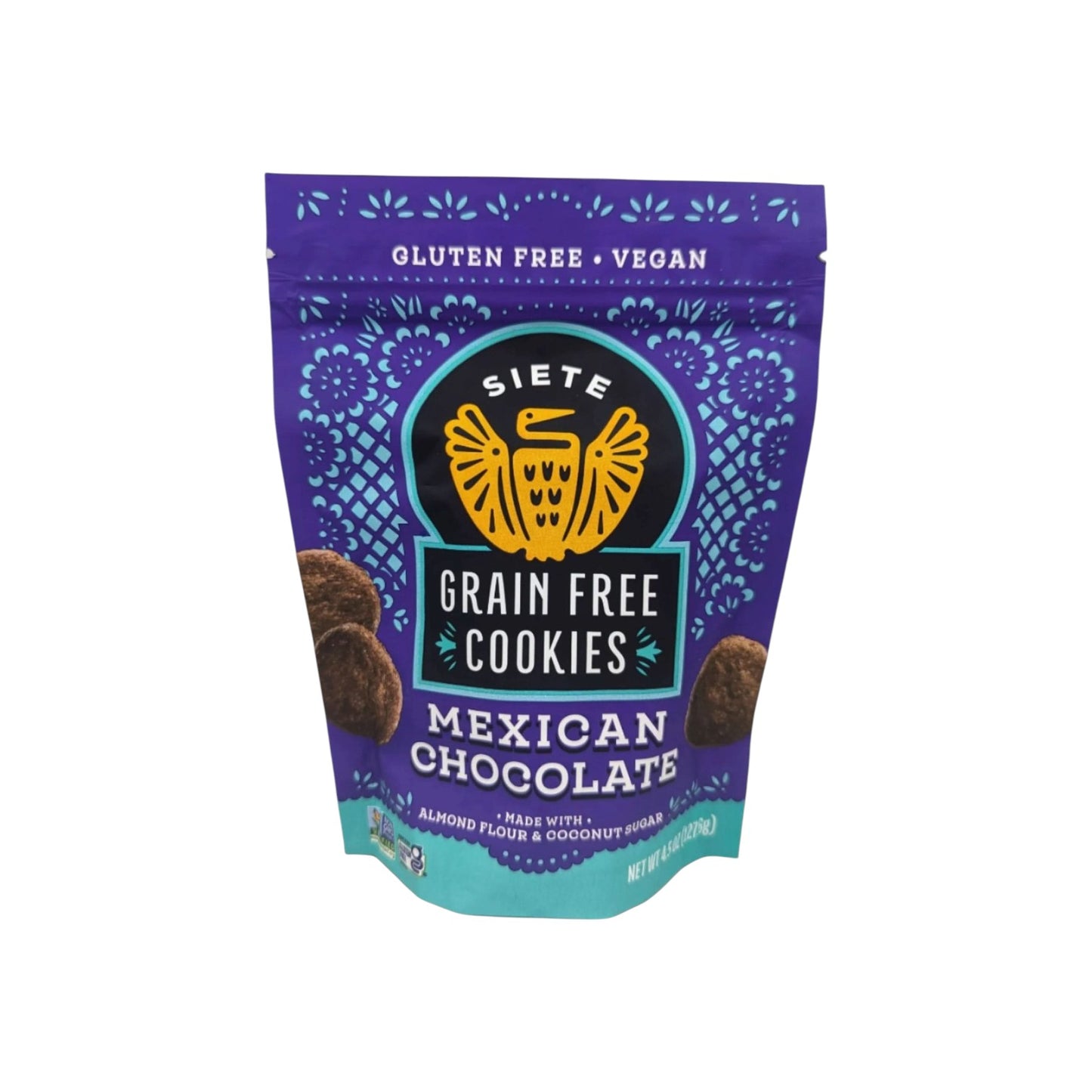 Bag of Siete grain-free Mexican chocolate cookies labeled gluten free and vegan