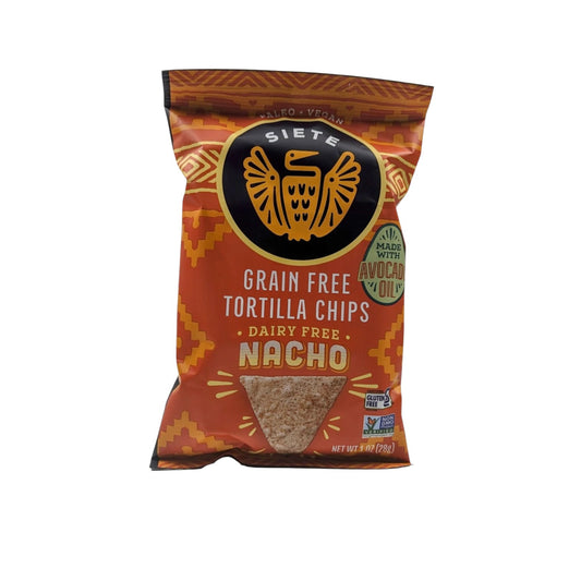 Bag of Siete grain-free nacho tortilla chips, dairy free and made with avocado oil