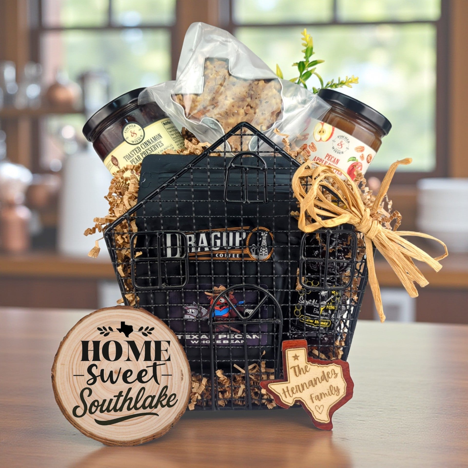 Southlake Homestead Comforts gift basket with Texas-made treats and personalized keepsakes