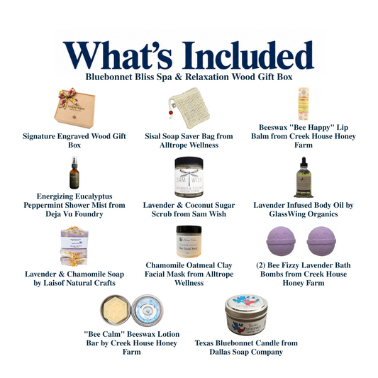 What's included in Bluebonnet Bliss Spa & Relaxation Wood Gift Box: each included item individually labeled.