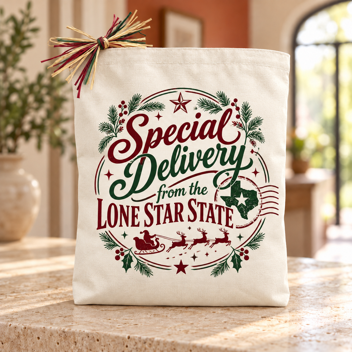 Special Delivery from the Lone Star State printed canvas Christmas gift tote