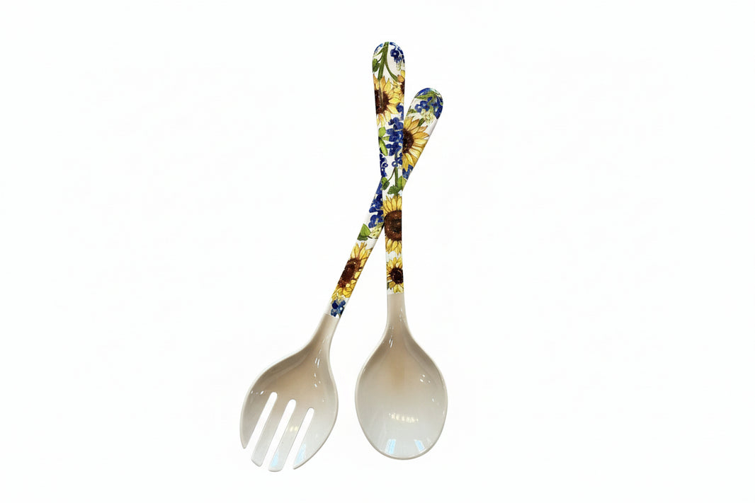Sunflower and bluebonnets floral utensil serving set with flower designs displayed as a Texas-themed kitchen gift on the Texas Gift Baskets storefront