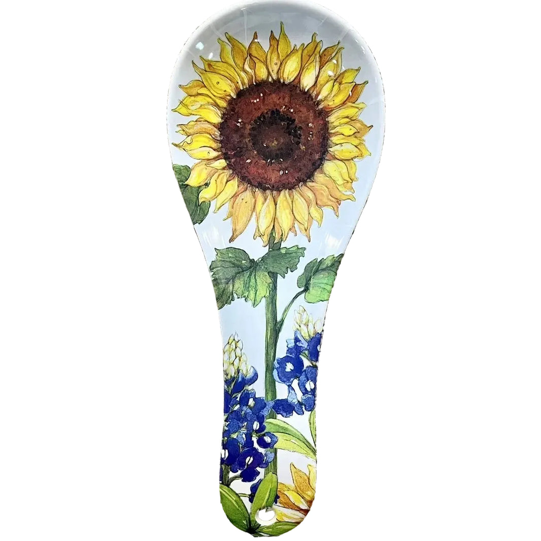 Sunflower and bluebonnets floral bamboo spoon rest with flower designs displayed as a Texas-themed kitchen gift on the Texas Gift Baskets storefront