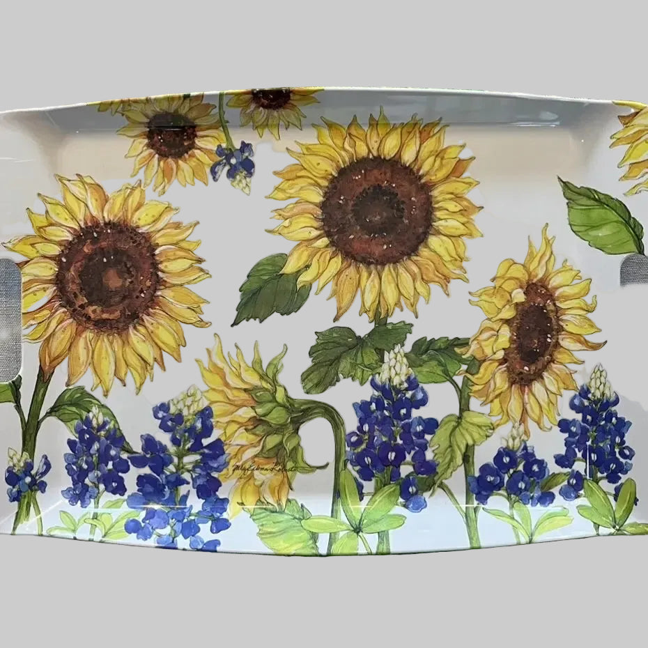 Sunflower and bluebonnets floral serving entertaining tray with flower designs displayed as a Texas-themed kitchen gift on the Texas Gift Baskets storefront